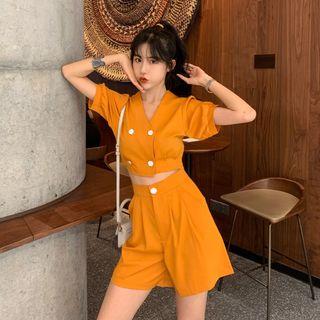 Set Of 2: Double-buttoned Cropped Top + High-waist Shorts