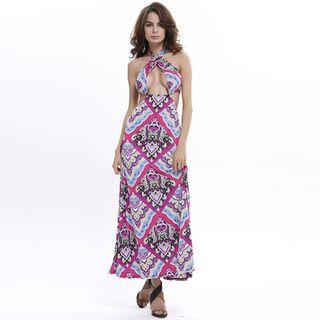 Print Halted Open Back Maxi Dress