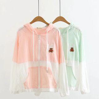 Bear Embroidered Color Block Zip Jacket