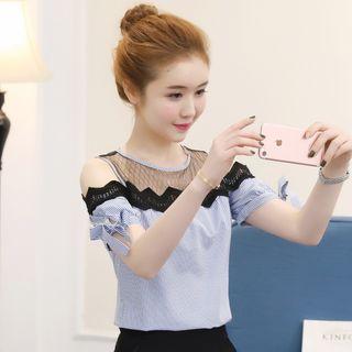 Cutout Shoulder Lace Trim Striped Top
