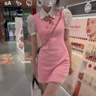 Puff-sleeve Collared Mini Sheath Dress Pink - One Size