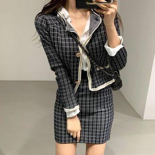 Set: Plaid Knit Jacket + Mini Skirt