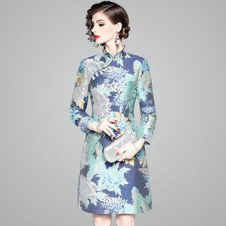 Flower Print Long-sleeve Shift Qipao