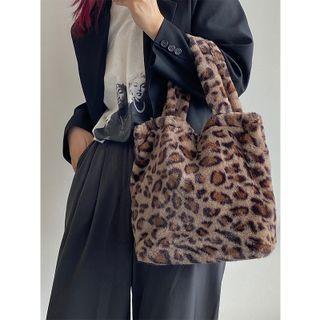 Leopard Print Fluffy Tote Bag Brown - One Size