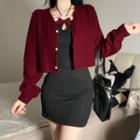 Long Sleeve Button Through Cardigan/fluffy Trim Knit Bodycon Dress