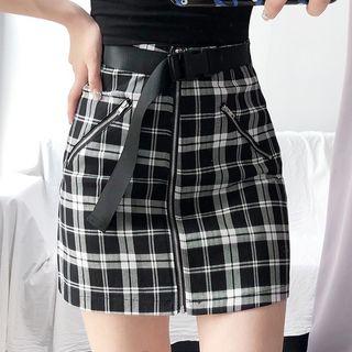 Zipper-front Plaid Pencil Skirt