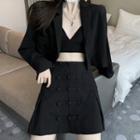 Cropped Blazer / Frog-buttoned Mini A-line Skirt