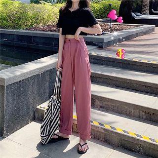 Plain Crewneck Short-sleeve Top / Plain High-waist Wide-leg Pants