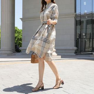 Open-placket Checked Linen Blend Shirtdress With Sash