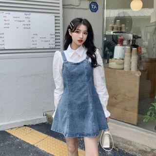 Bell-sleeve Mock Two-piece Denim Panel Mini A-line Dress