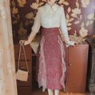 Set: Long-sleeve Lace Blouse + Ruffled Midi A-line Skirt
