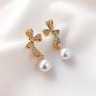 Bow Rhinestone Faux Pearl Dangle Earring 1 Pair - Earring - Silver - Bow - Faux Pearl - Gold & White - One Size