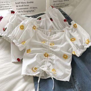 Off-shoulder Drawstring Embroidered Puff-sleeve Blouse