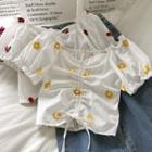 Off-shoulder Drawstring Embroidered Puff-sleeve Blouse