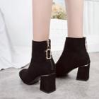 Faux Suede Rhinestone Accent Chunky Heel Ankle Boots