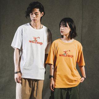 Couple Matching Elbow-sleeve Cartoon Letter Printed T-shirt