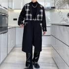 Mock Two-piece Double Breasted Plaid Panel Long Coat