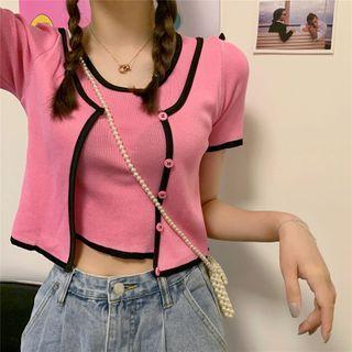 Mock Two-piece Color-block Short-sleeve Slim-fit Knit Top