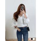 Bell-cuff Smocked-trim Cropped Blouse