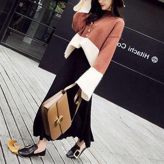 Set: Two-tone Flared-sleeve Sweater + Knit Midi A-line Skirt