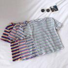 Color-block Striped Crewneck Slim-fit Short-sleeve Knit Top