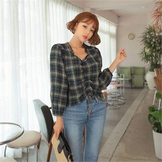 Drawstring-front Plaid Top