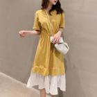 Paneled Tie-waist Short-sleeve Midi A-line Dress