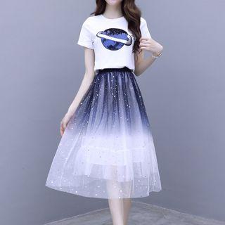 Set: Sequined Short-sleeve T-shirt + Glitter Mesh Midi A-line Skirt
