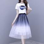 Set: Sequined Short-sleeve T-shirt + Glitter Mesh Midi A-line Skirt