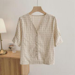 V-neck Plaid Short-sleeve Blouse Almond Sand - One Size