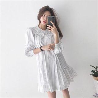 Wide-collar Ruffle-hem Pinstripe Dress