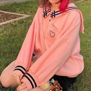 Sailor Collar Heart Print Striped Loose-fit Sweatshirt