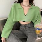 Collared Split-neck Cropped Sweater