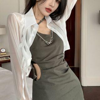 Spaghetti-strap Cutout Mini Bodycon Dress / Cropped Shirt Jacket