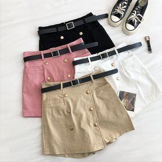 Plain Double-breasted High-waist A-line Skort With Belt