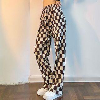 High-waist Plaid Corduroy Straight Cut Pants