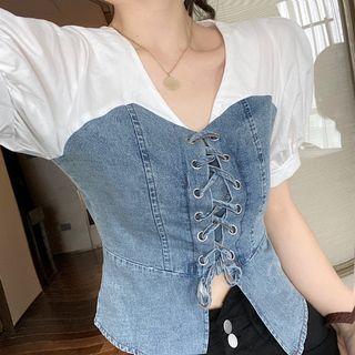 Balloon-sleeve Paneled Denim Lace-up Blouse