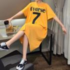Lettering Cut-out Elbow-sleeve Maxi T-shirt Dress