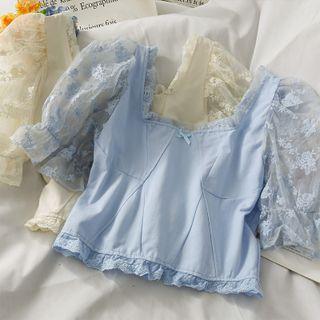 Mesh-sleeve Ruffled Crop Top