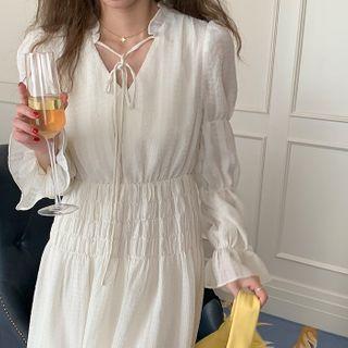 Long-sleeve Tie- Front Midi A-line Dress
