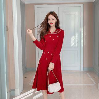 Flower Embroidered A-line Midi Knit Dress