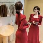 Long-sleeve Square-neck Plain Knit Dress