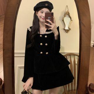 Long-sleeve Sailor Collar Layered Mini A-line Dress