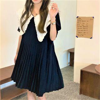 Short-sleeve Wide Collar Pleated Shift Dress Black - One Size