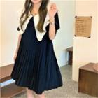 Short-sleeve Wide Collar Pleated Shift Dress Black - One Size