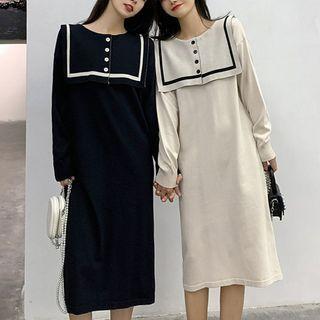 Shawl Collar Long-sleeve Midi A-line Dress