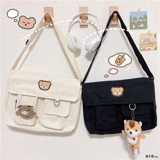 Set: Bear Embroidered Multi-pocket Messenger Bag + Bag Charm