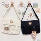Set: Bear Embroidered Multi-pocket Messenger Bag + Bag Charm