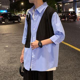 Mock Two-piece Elbow-sleeve Paneled Shirt