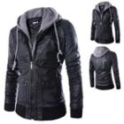 Faux Leather Mock Two Piece Hooded Jacket